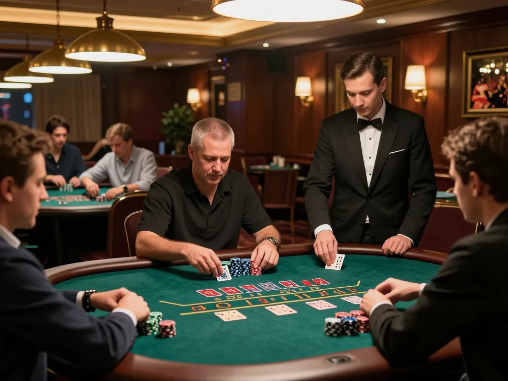 Jogadores fazem apostas em mesas de blackjack em um ambiente de cassino luxuoso na 668bet, exibindo um jogo estratégico.