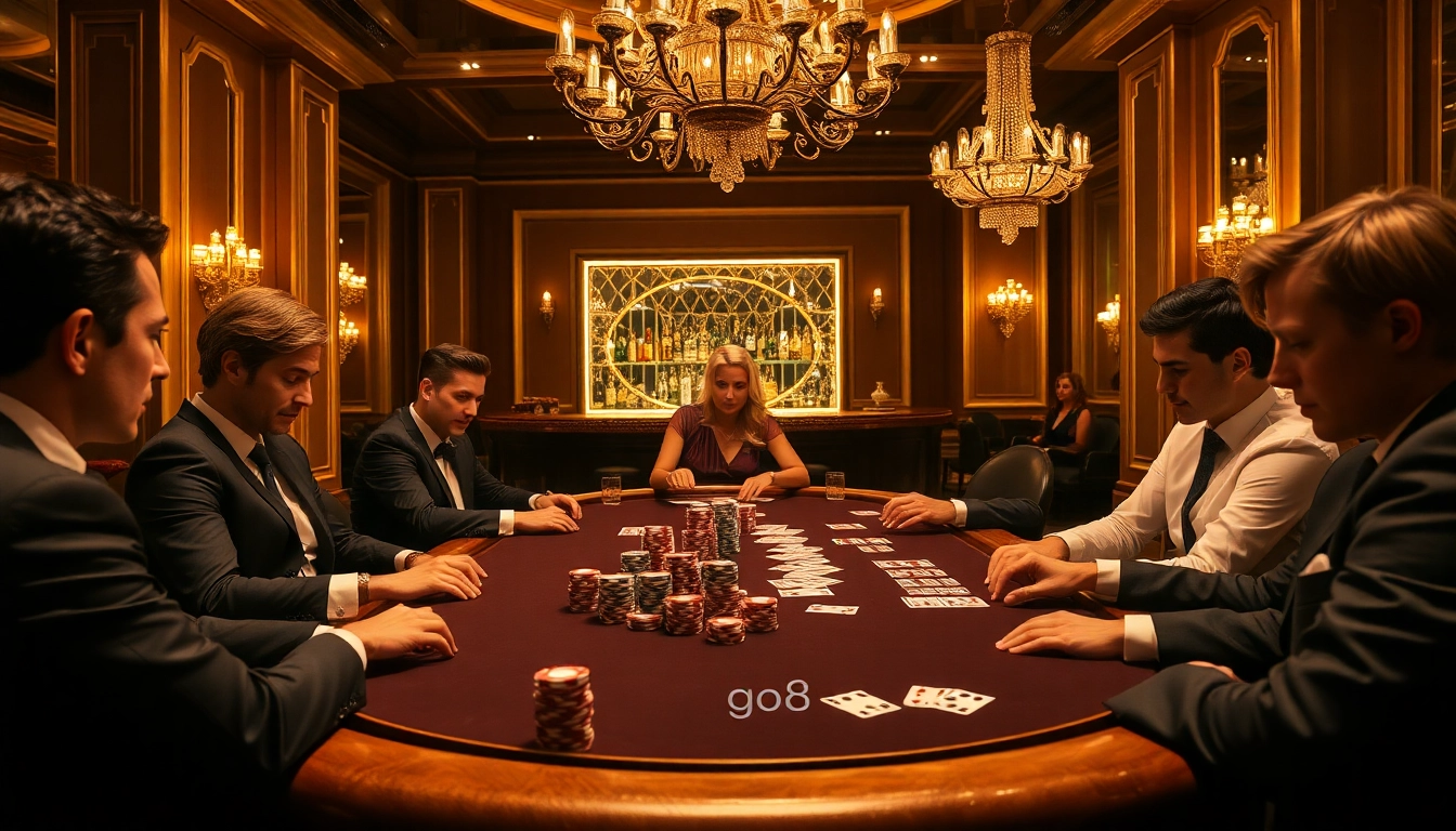 Engaged gamblers at a luxurious go8-themed poker table in a lavish casino setting.
