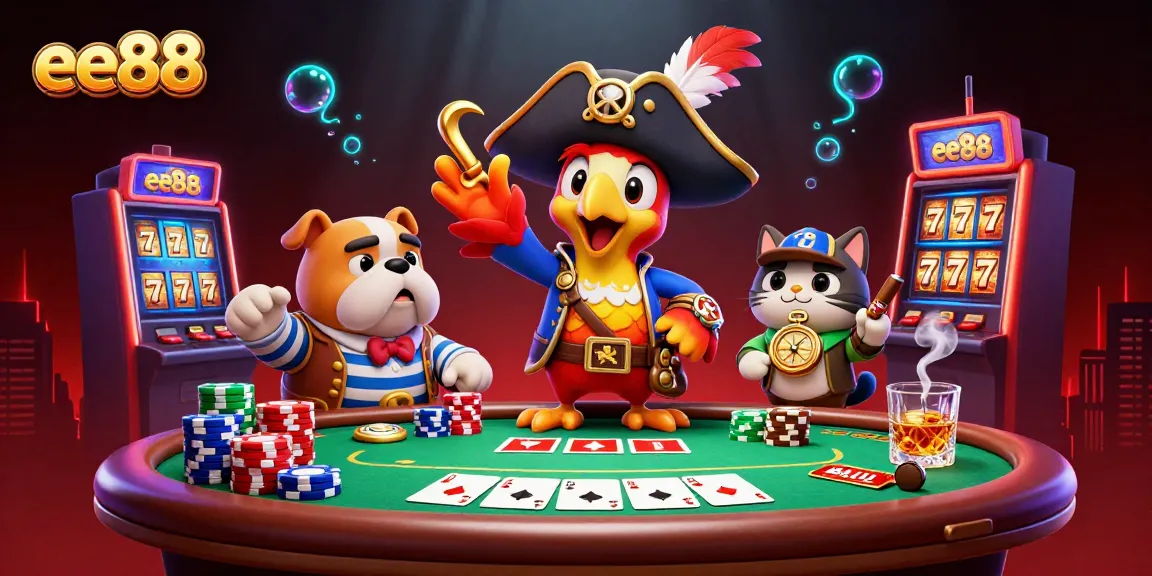 Engage with exciting slot games at ee88 with playful pirate characters and vibrant casino elements.