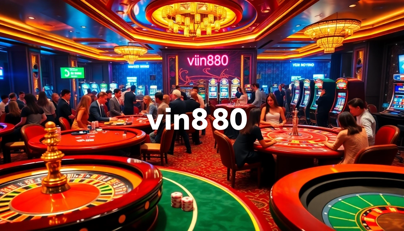 Experience high-stakes excitement at vn888 casino with vibrant poker tables and roulette wheel.