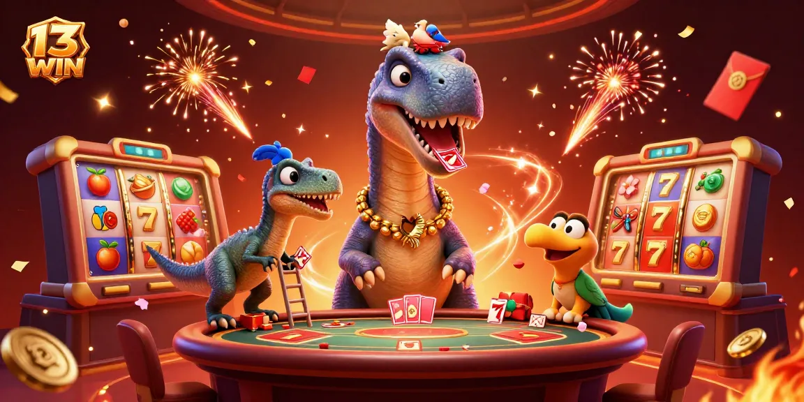 Experience thrilling gameplay at 13WIN with a vibrant casino atmosphere featuring a whimsical brontosaurus and lively raptor dealing cards.