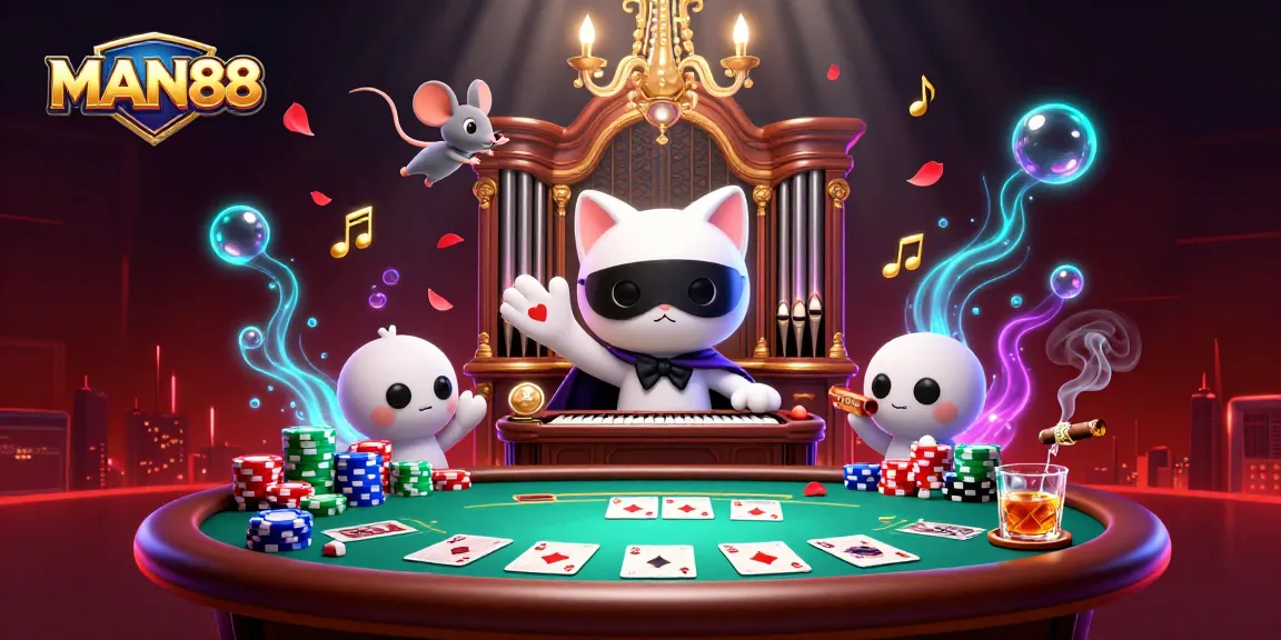 Engage with the dynamic gaming world at MAN88, where a mystical cat plays the organ amidst poker excitement.