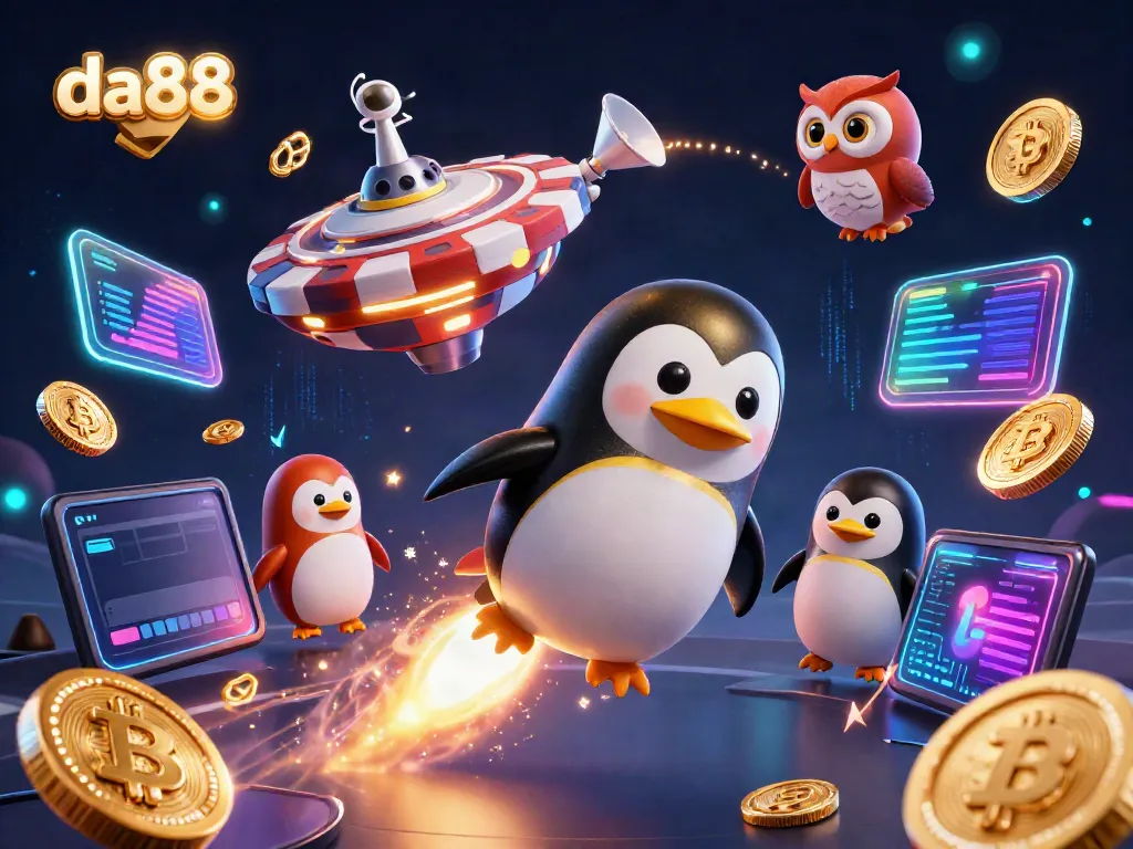 Experience da88's exciting digital casino world with a golden penguin and neon crypto elements.