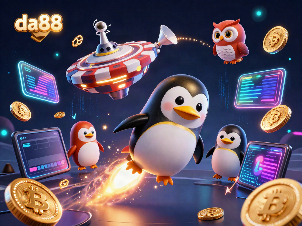 Experience da88's exciting digital casino world with a golden penguin and neon crypto elements.