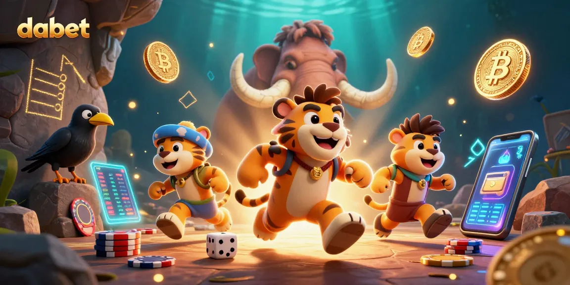 Dabet elevates gaming with a vibrant prehistoric casino scene featuring dynamic characters and crypto elements.