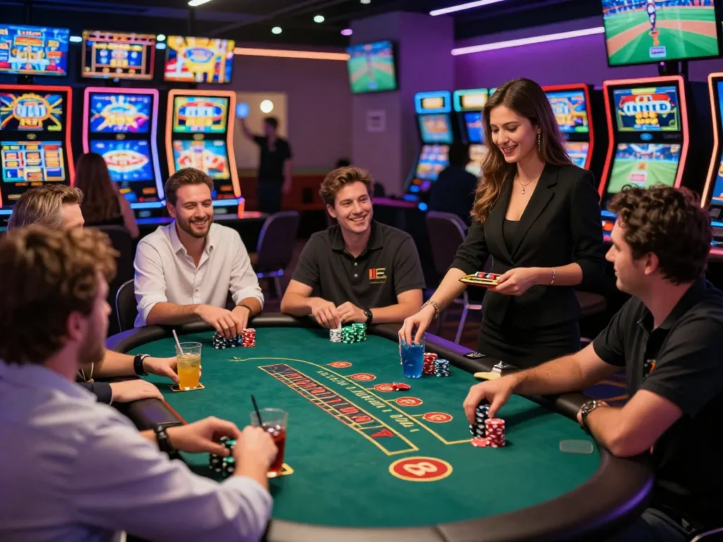 Exciting online gambling at OK365 with players at various gaming tables in a vibrant casino atmosphere.