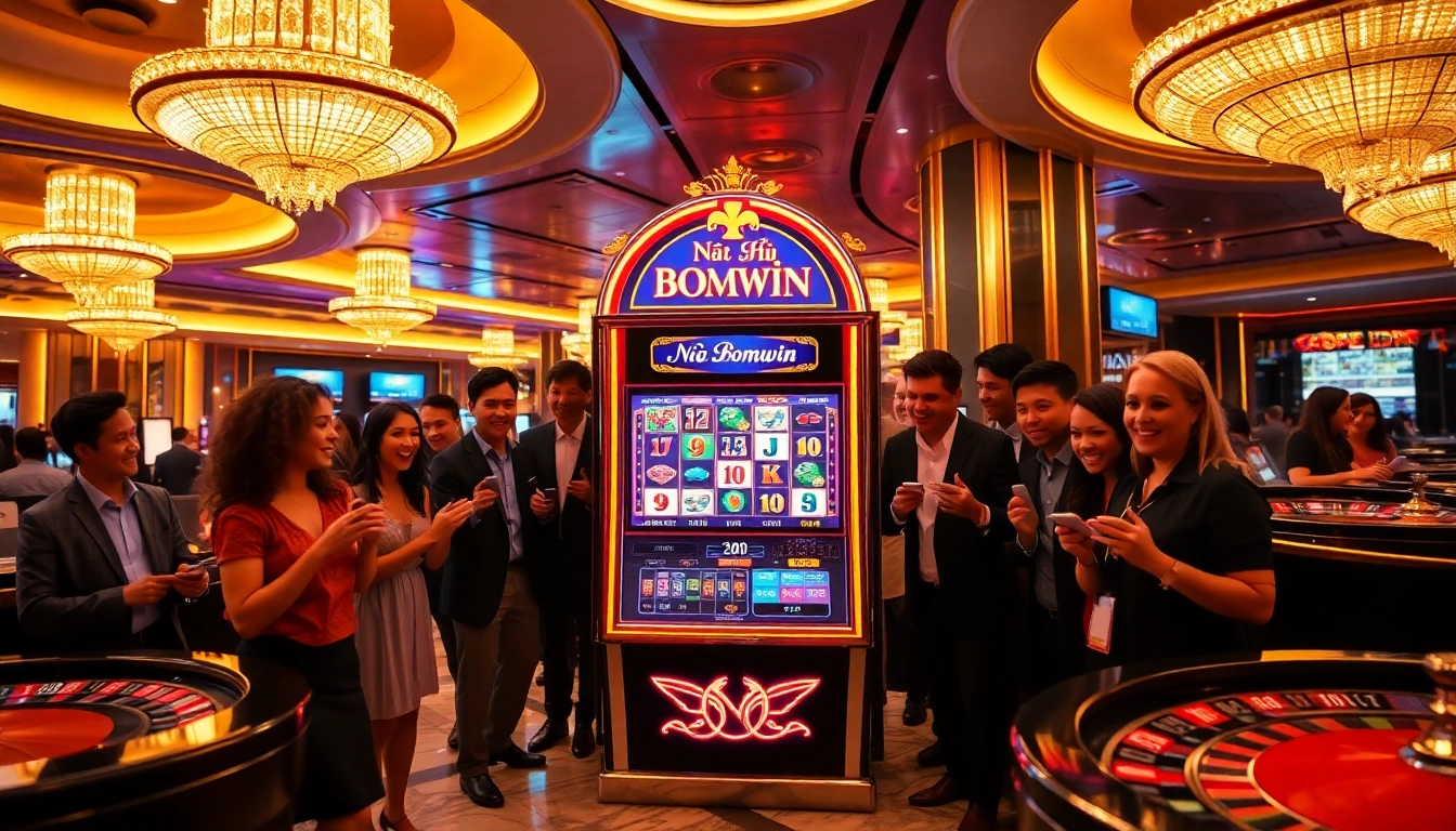 Nổ hũ bomwin slot machine surrounded by excited gamblers, showcasing vibrant casino atmosphere.