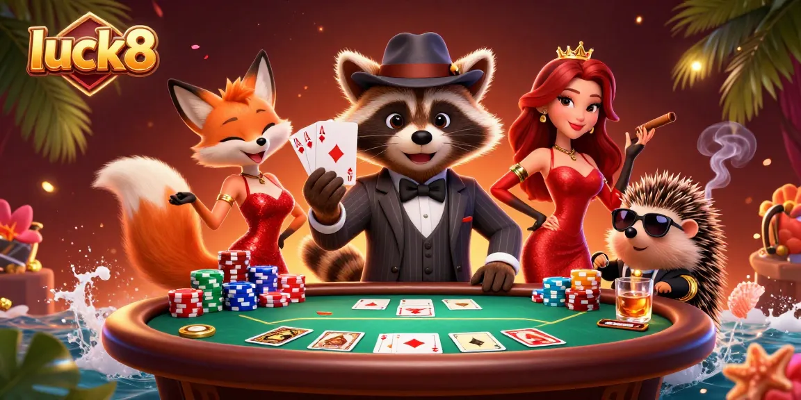 Engage with luck8 as the suave raccoon deals poker, surrounded by vibrant casino elements.