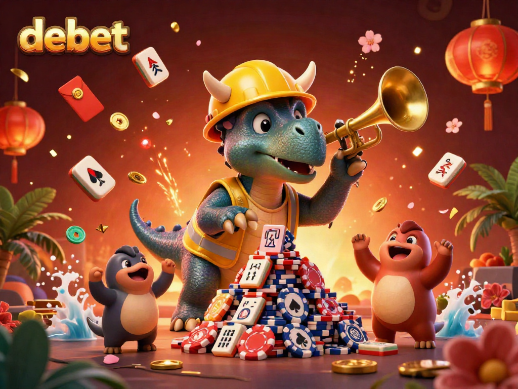 Celebrate big wins at debet with a vibrant casino-themed illustration featuring dynamic characters and rich game elements.