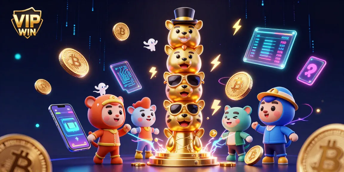 Spin and win at VIPWIN with the vibrant totem pole surrounded by glowing crypto coins and gaming elements!