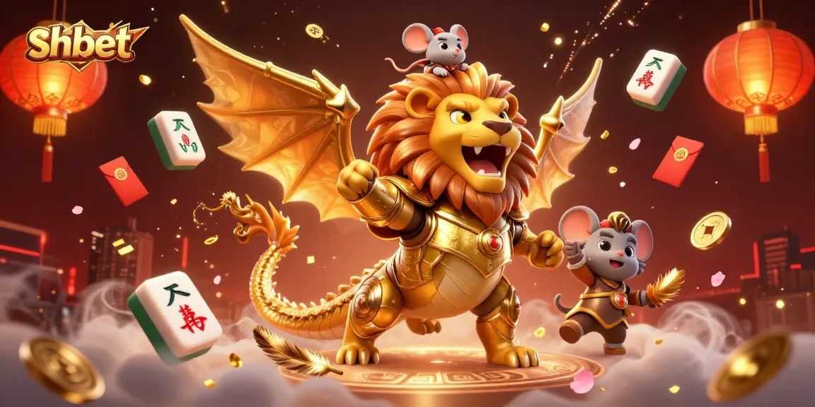 Experience thrilling games at shbet with a captivating chimera character amidst festive casino elements.