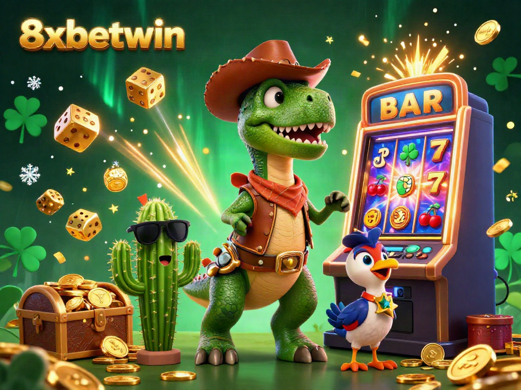 Experience the thrilling world of 8xbetwin with a vibrant, cartoonish casino adventure featuring a T-Rex, a cactus, and a roadrunner.