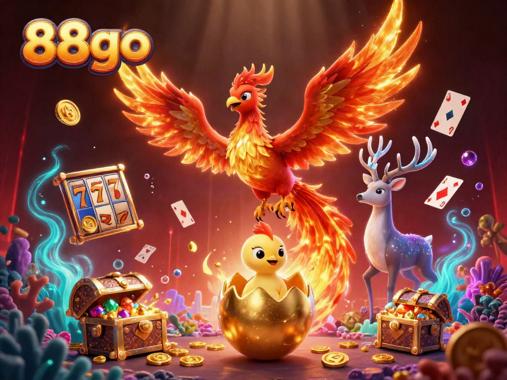 Engage in thrilling gameplay with 88go featuring stunning phoenix, treasure, and vibrant casino elements.