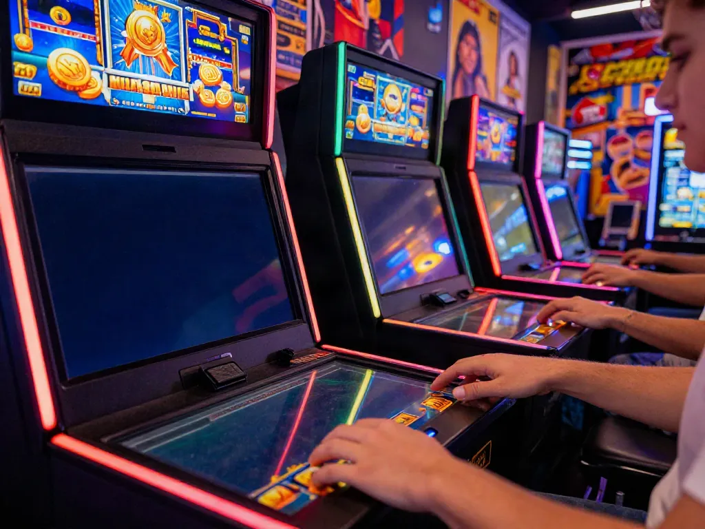 Jogador animado utilizando slot online, cercado por gráficos vibrantes e moedas virtuais.