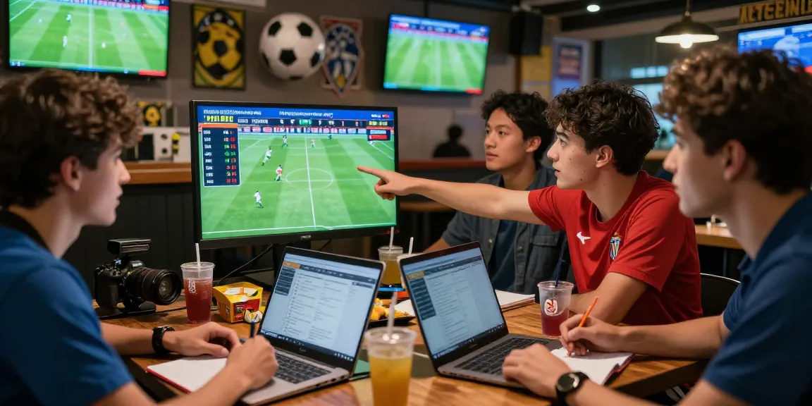 Soccer bettors analyzing real-time odds and statistics at a sports bar, representing giai ma keo nha cai for informed betting.