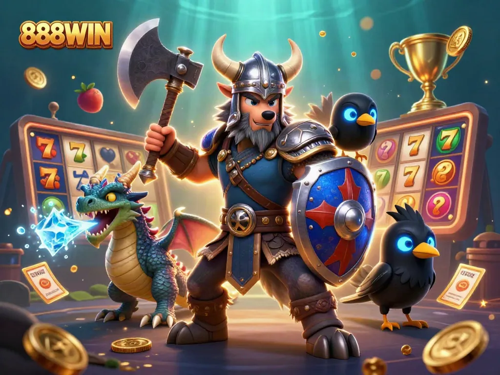 Spin the reels of excitement with 888WIN, featuring a Viking wolf warrior, a fierce dragon, and vibrant slot elements.