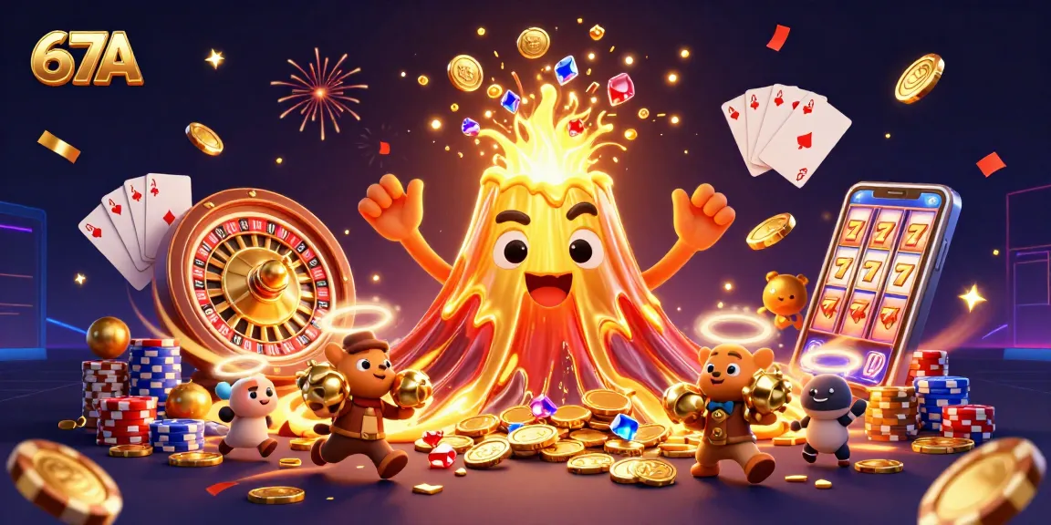 Experience thrilling gameplay in 67A's vibrant casino scene with an erupting volcano and overflowing treasures.