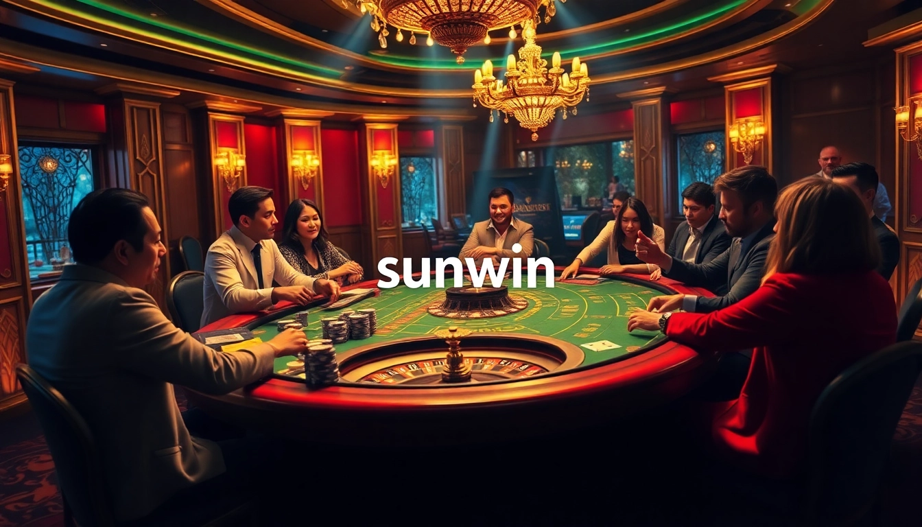 Players enjoying a thrilling poker game at a glamorous sunwin casino table filled with chips and cards.