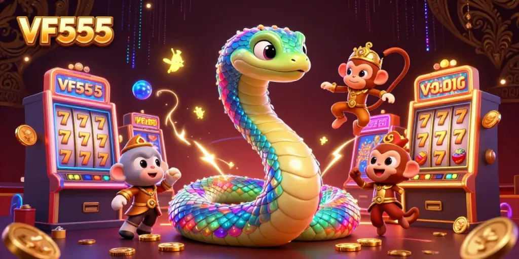 Experience the excitement of VF555 with vibrant slot machines and a magical scene.