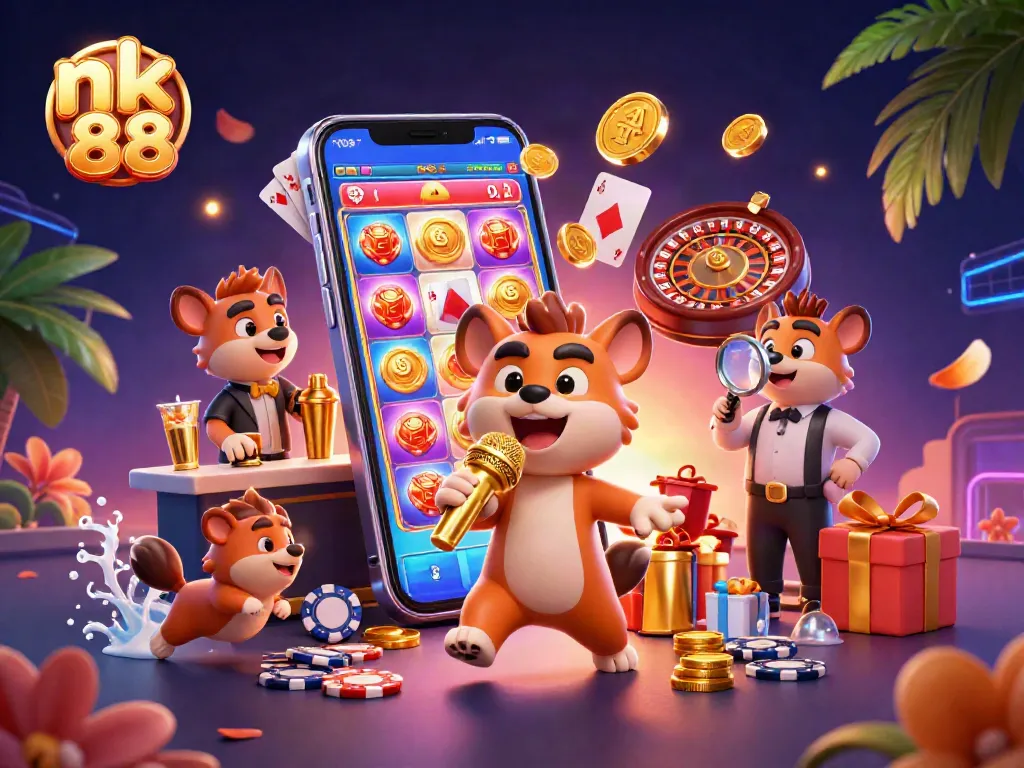 Experience vibrant casino thrills with nk 88's cartoon hyenas in a lively comedy club scene.