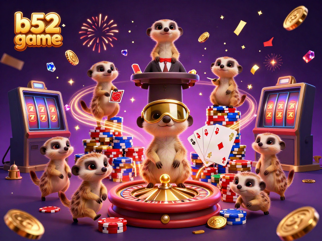 Engage with thrilling b52 game experience featuring cartoon meerkats in a vibrant casino scene.