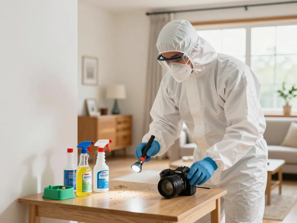 Dedetizadora professional inspecting a home for pests, showcasing safe pest control practices and equipment in a bright living environment.