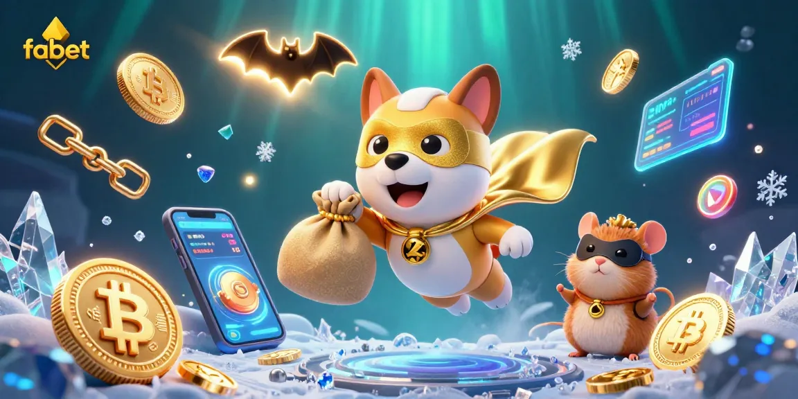 Explore fabet's vibrant gaming universe with a superhero dog and crypto coins in this dynamic 3D illustration.