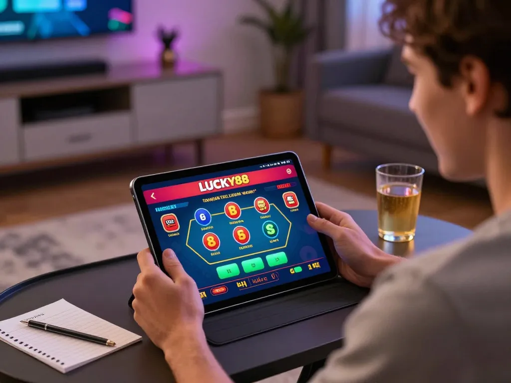 Player interacting with the LUCKY88 app for an engaging online casino experience, highlighting mobile gaming action.