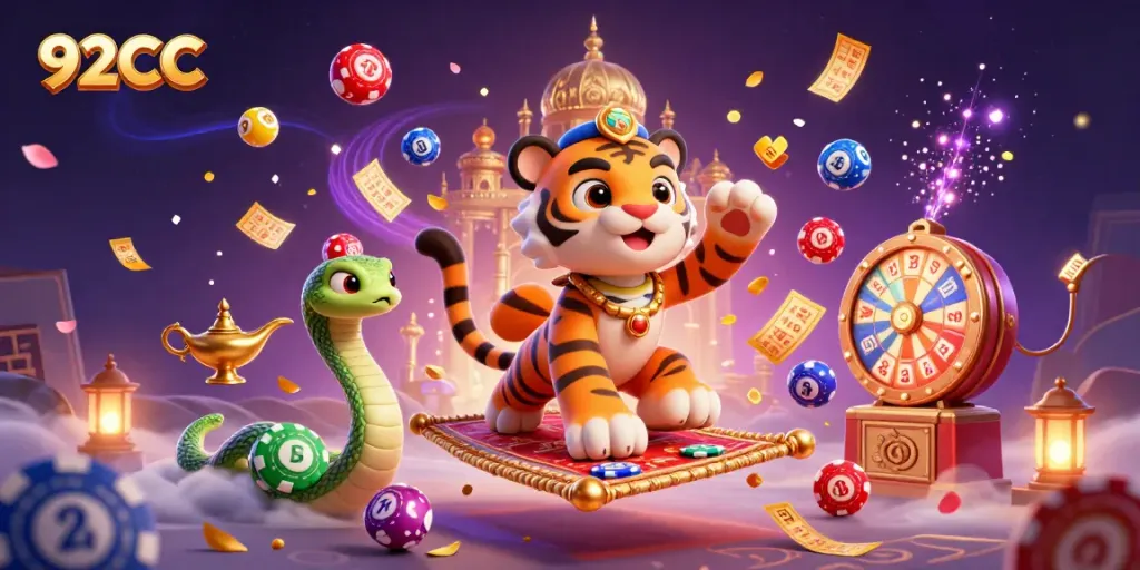 Engage in thrilling gaming adventures with 92CC’s vibrant flying carpet scene featuring lottery elements.