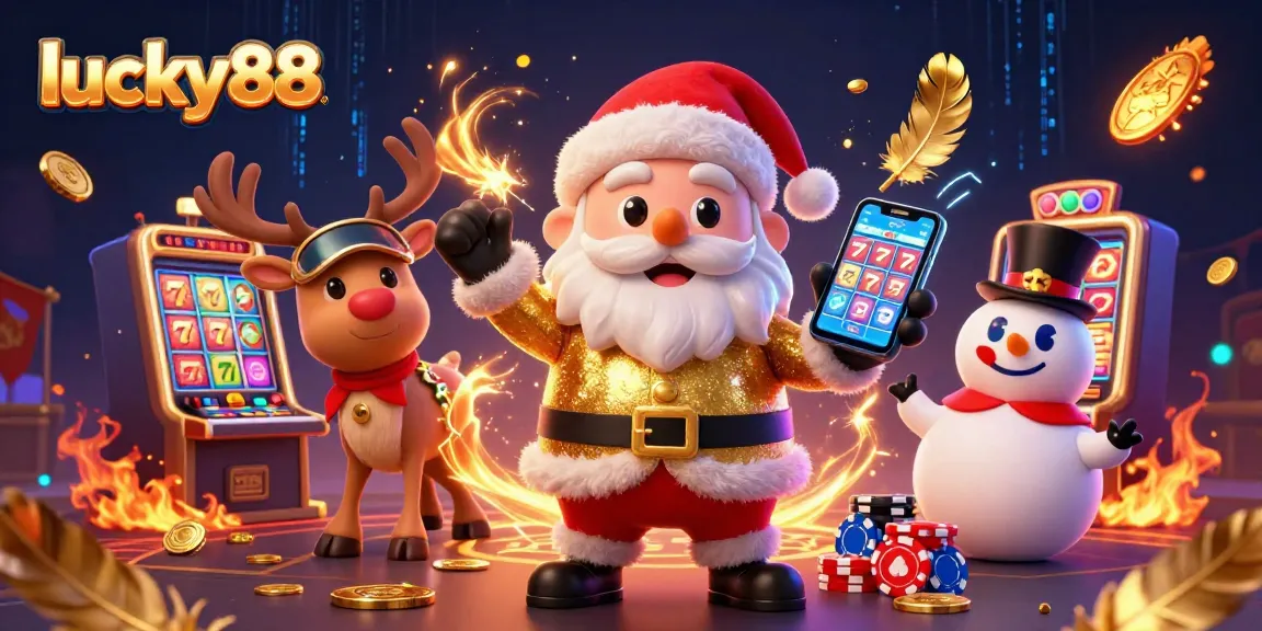 Spin to win big at lucky88 with a festive casino scene featuring a cheerful Santa and his companions.
