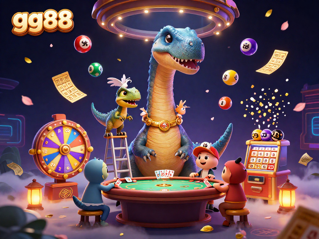 Join the fun with gg88 as a massive brontosaurus oversees a vibrant casino scene filled with playful elements.