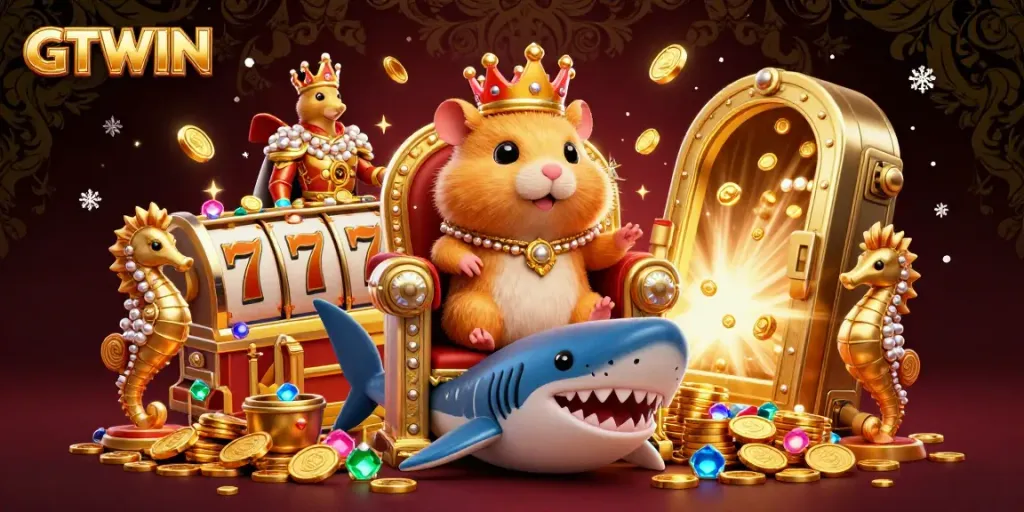 Engage with GTWIN's thrilling online casino experience surrounded by vibrant slot machines and treasures.