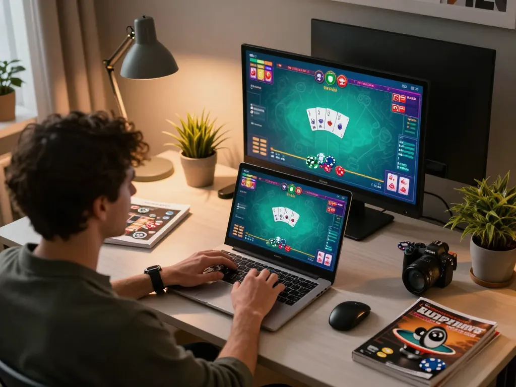Player enjoying online poker on 33nn platform from cozy home office setup, showcasing game interface.