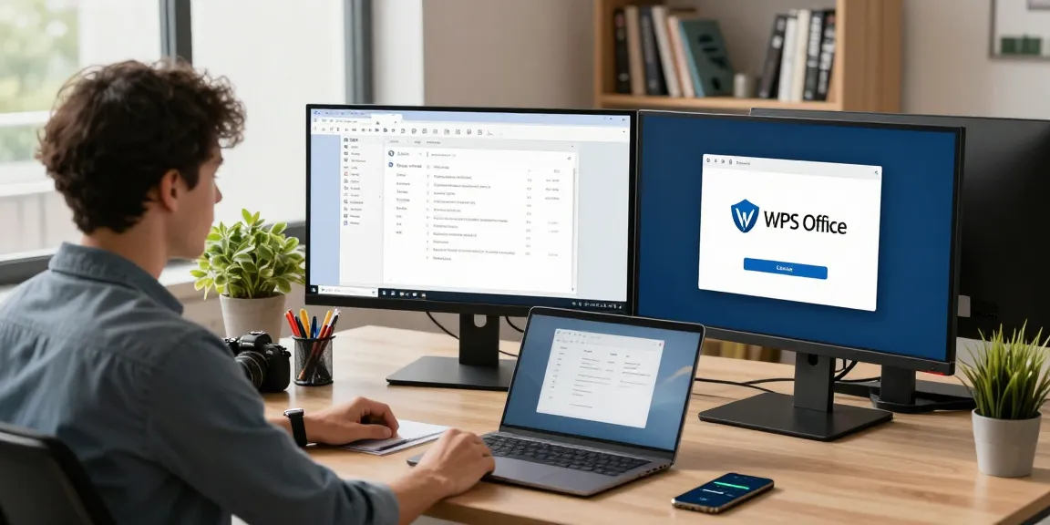 Download WPS Office interface displayed on multiple screens in an inspiring modern workspace environment.