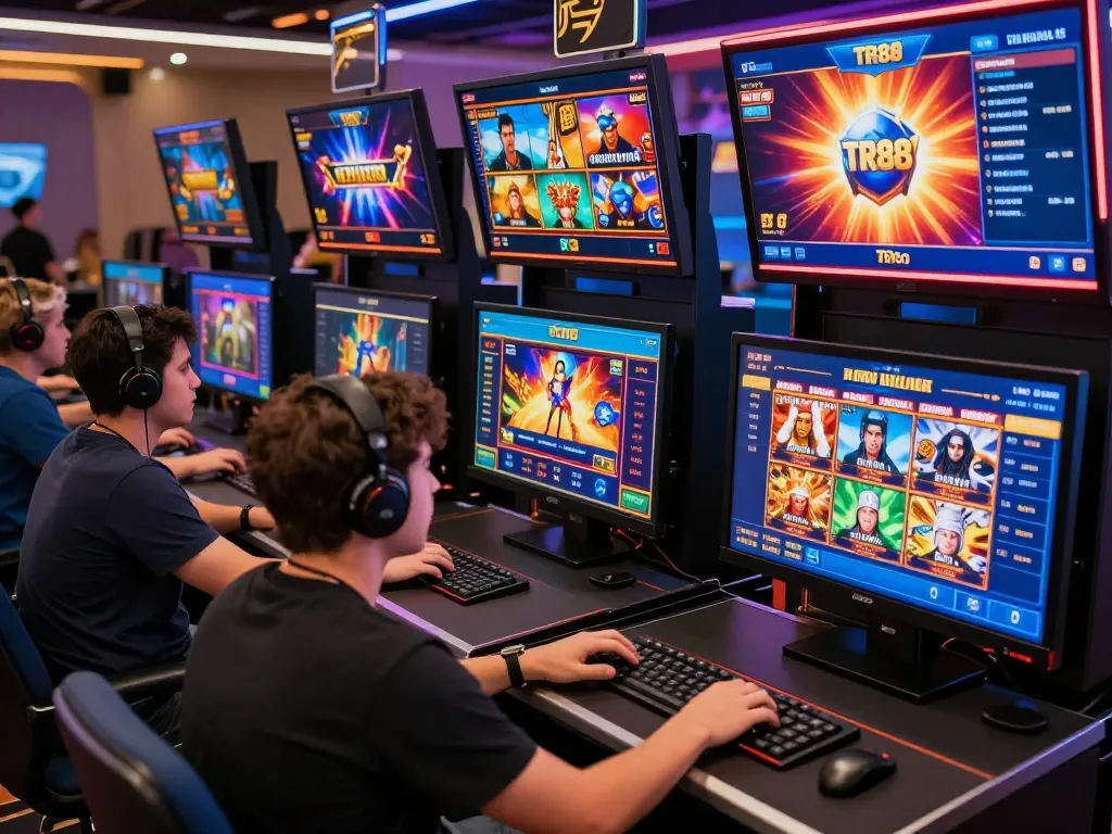 Players enjoying TR88's online gaming platforms with excitement and diverse game options in a vibrant atmosphere.