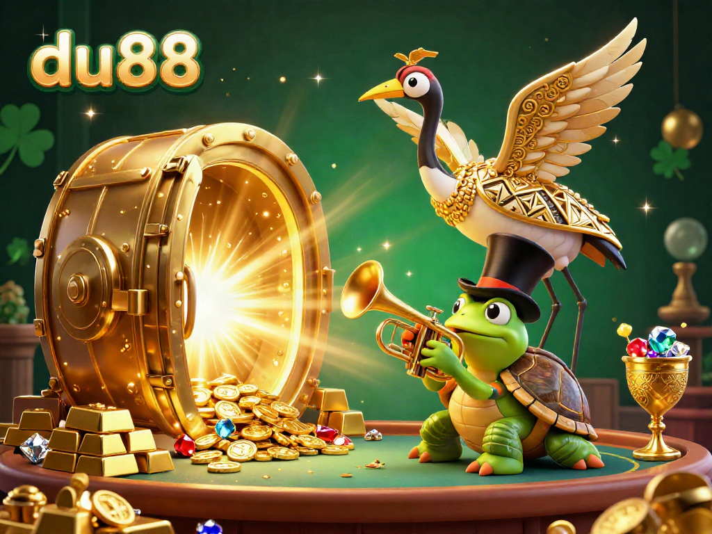 Experience thrilling moments at du88 with a dynamic 3D gambling illustration showcasing festive characters and golden treasures.