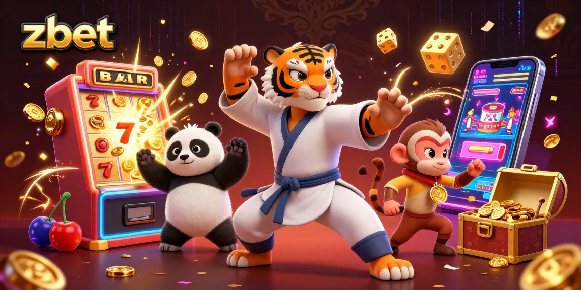 Join zbet's thrilling casino adventure with a kung fu tiger and dynamic slot machine scene.