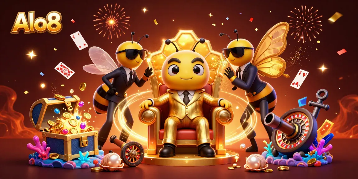 Alo8 showcases a vibrant scene of a cartoon bumblebee mob boss surrounded by roulette wheels and treasure, emphasizing excitement.