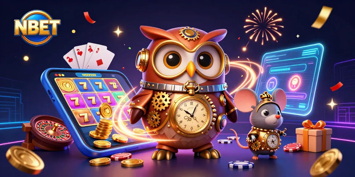 Spin vibrant slot games with NBET in a lively steampunk casino scene.