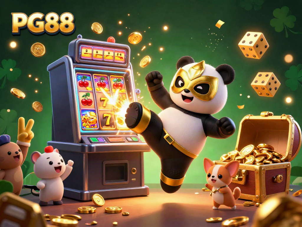 Experience the excitement of PG88 with a dynamic 3D illustration featuring a panda wrestler and casino games.