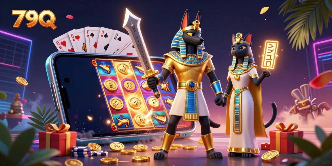 Engage with 79Q's thrilling casino experience featuring Anubis and Bastet among vibrant slot gameplay elements.