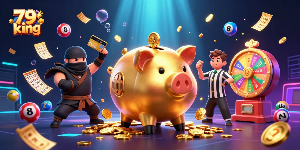 Exciting gaming action featuring 79 king with colorful lottery balls and coins being showered.