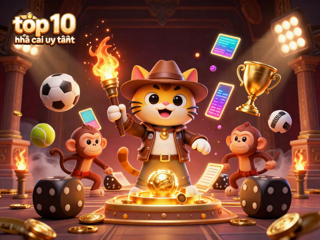 Engaging scene of a cat explorer uncovering a casino artifact, showcasing top 10 nhà cái uy tín elements.
