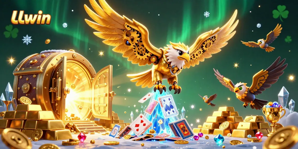 Engage with LLwin in a dynamic 3D casino scene featuring an eagle and vibrant playing cards.
