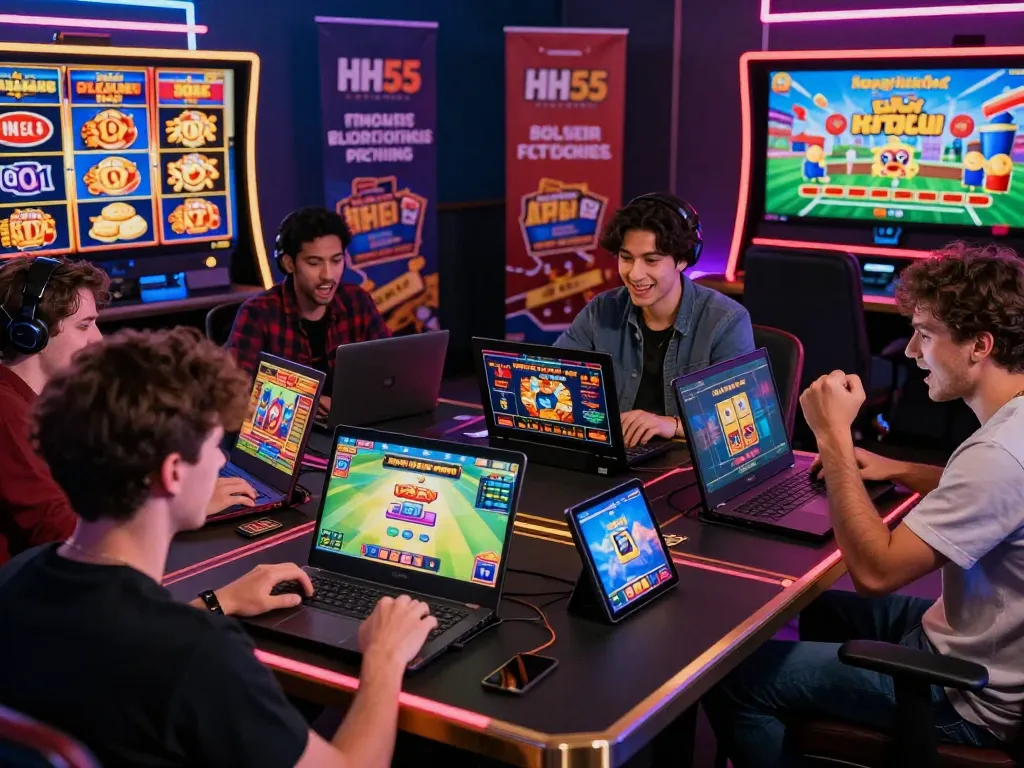 HH55 gaming platform with diverse players enjoying interactive casino games and promotions in a vibrant environment.