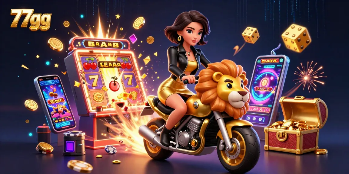 Experience thrilling action at 77gg with a glamorous Asian woman riding a golden lion, surrounded by exciting casino elements.