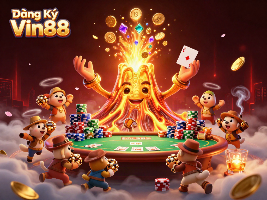 Join the excitement at Đăng Ký Vin88 with a thrilling illustration of a golden volcano amid treasures and vibrant casino elements.