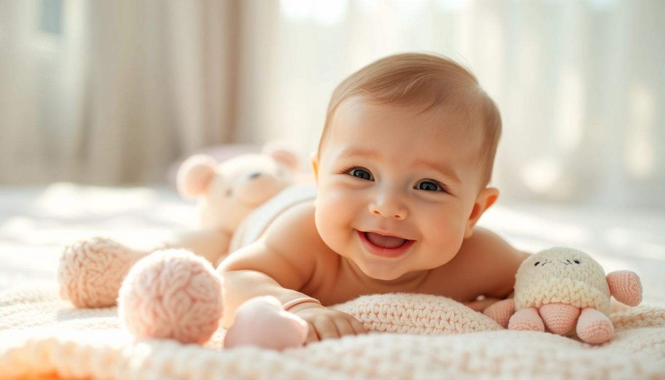 Capture the essence of Babyfotografie with a joyful infant surrounded by soft toys.