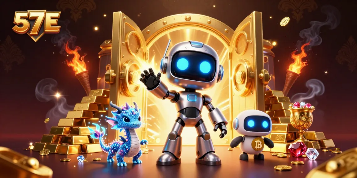 Engage with 57E and unlock treasures in this dynamic casino scene with futuristic characters and vibrant game elements.