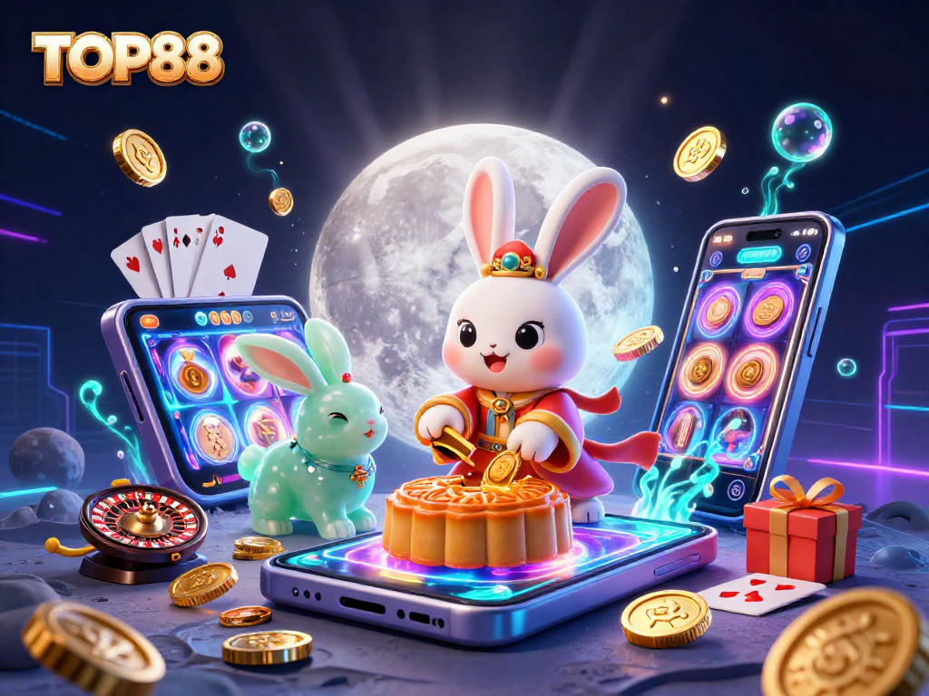 Experience the thrilling gameplay with TOP88 featuring a moon rabbit in a vibrant casino setting.